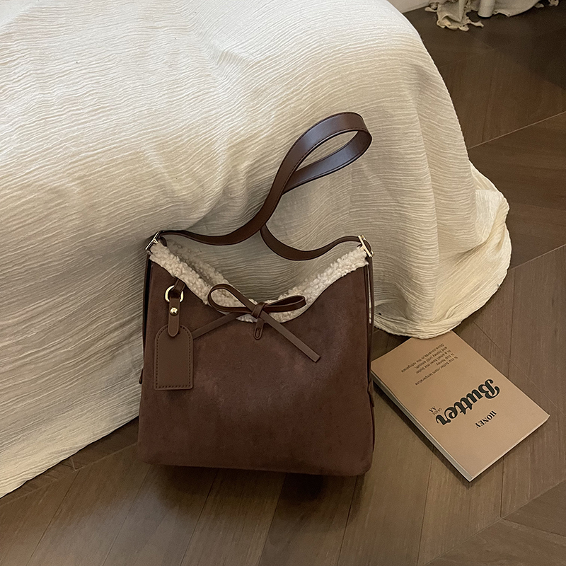 Women Bags Branded Sale - Einfarbige Umhängetaschen aus Wildlederimitat mit Schleife,
